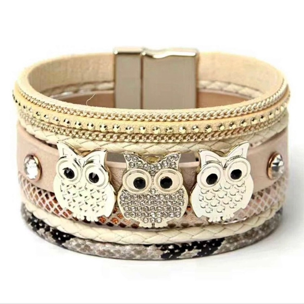 Crystal Hooty Owl BoHo Bracelet Cuff Magnetic Clasp Ivory NEW